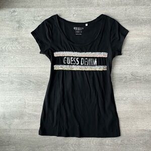 GUESS Denim Women's Black Sequin Logo Tee Y2K